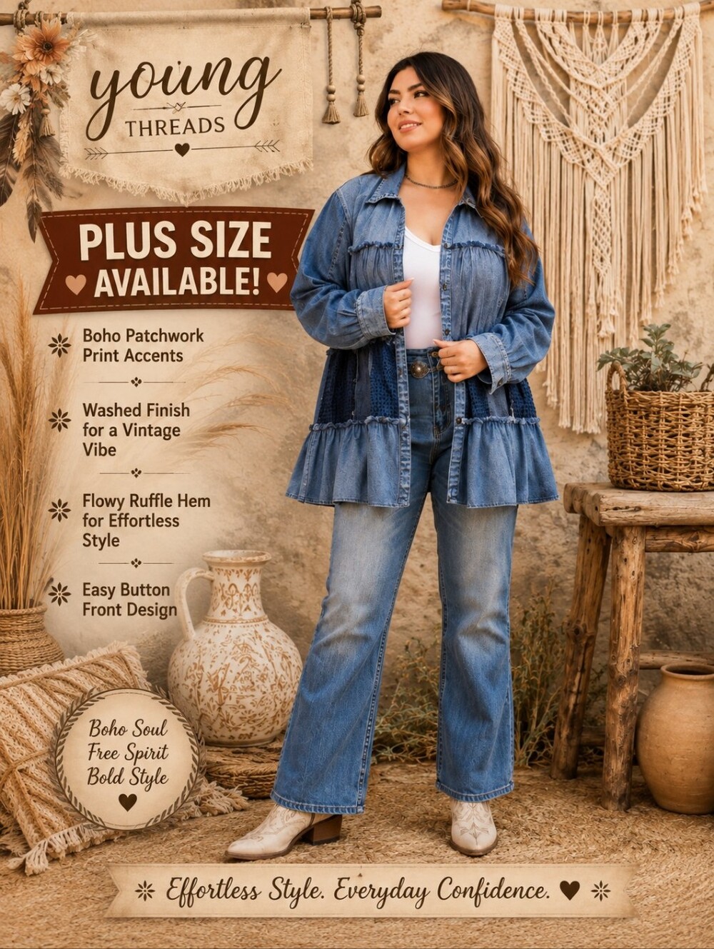 133 Young Threads Denim Ruffle Patchwork Jean Jacket - Blue